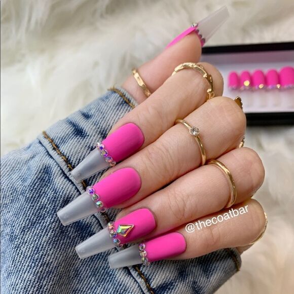 Half Pink & Rhines Custom Press On Nails | High Quality Nails | Handmade - Picture 1 of 13